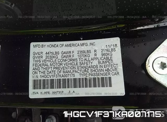 1HGCV1F37KA007175 фото 10