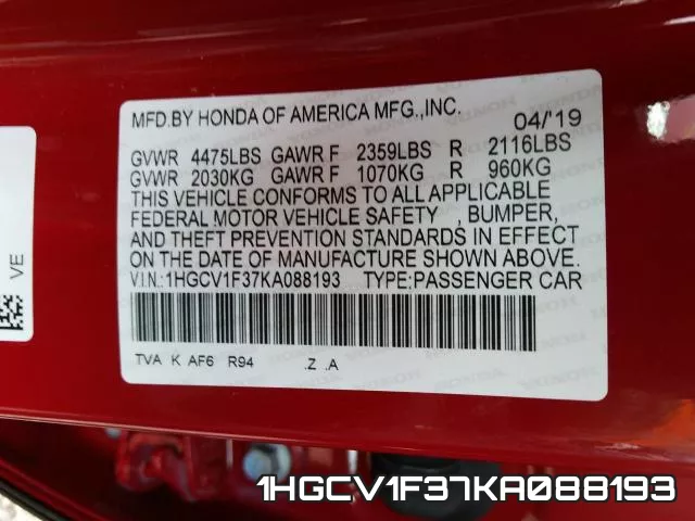 1HGCV1F37KA088193 фото 2