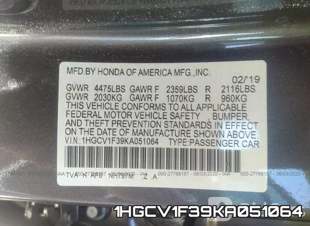 1HGCV1F39KA051064 фото 10