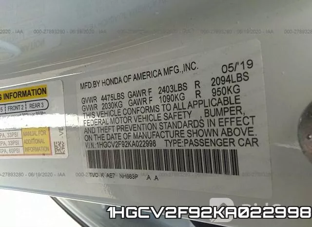 1HGCV2F92KA022998 фото 10