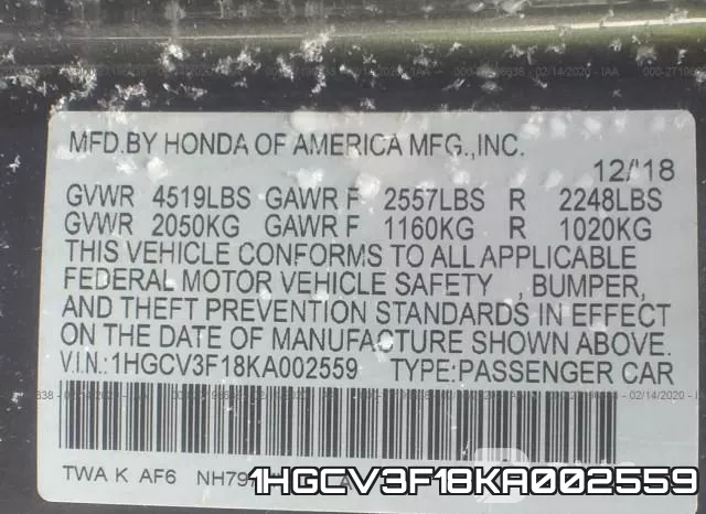 1HGCV3F18KA002559 фото 10