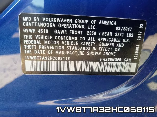 1VWBT7A32HC068115 фото 2