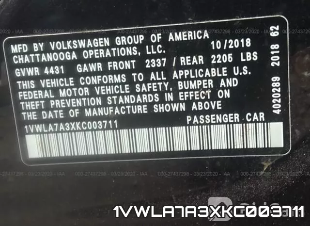 1VWLA7A3XKC003711 фото 10