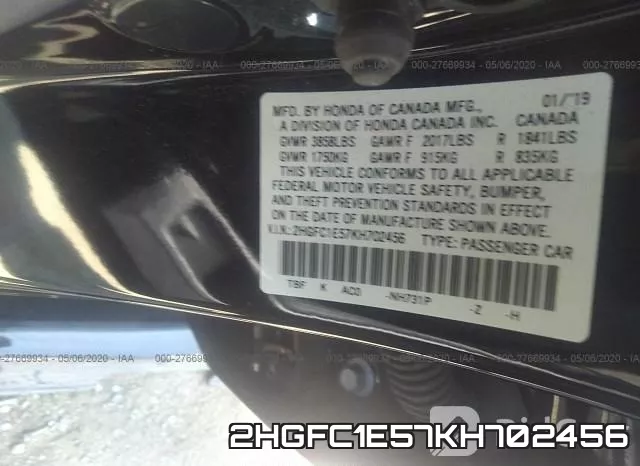 2HGFC1E57KH702456 фото 10