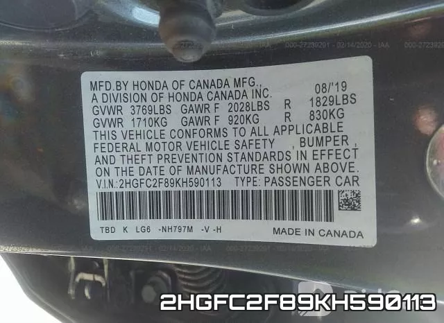 2HGFC2F89KH590113 фото 10