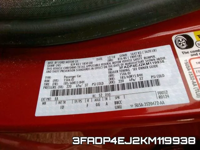 3FADP4EJ2KM119938 фото 2
