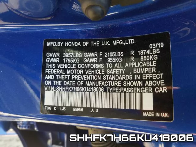 SHHFK7H66KU418006 фото 2