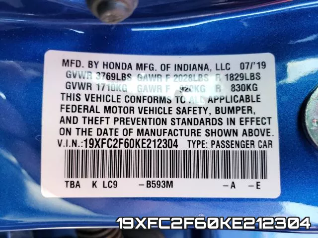 19XFC2F60KE212304 фото 2