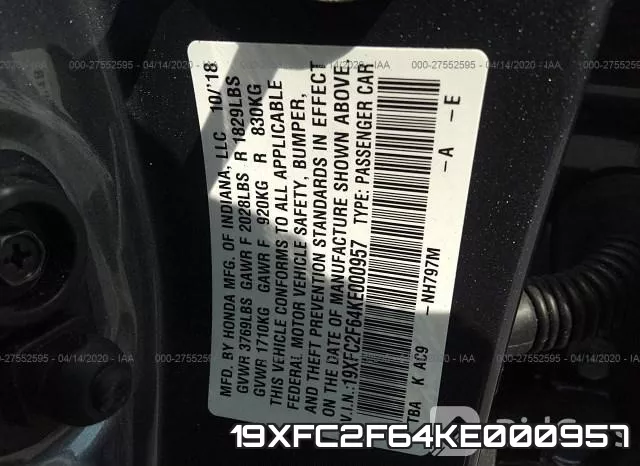19XFC2F64KE000957 фото 10