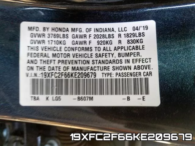 19XFC2F66KE209679 фото 2