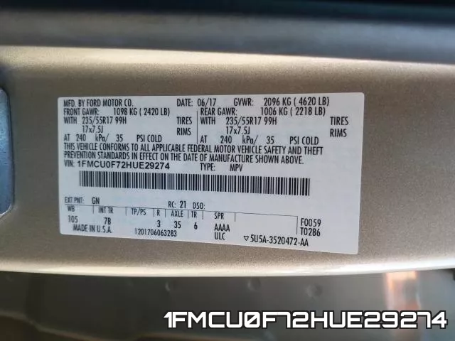 1FMCU0F72HUE29274 фото 2