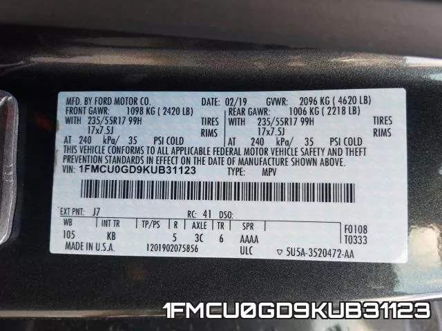 1FMCU0GD9KUB31123 фото 2
