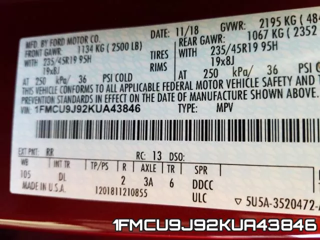 1FMCU9J92KUA43846 фото 2
