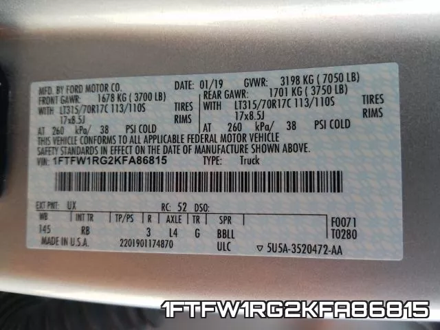 1FTFW1RG2KFA86815 фото 2
