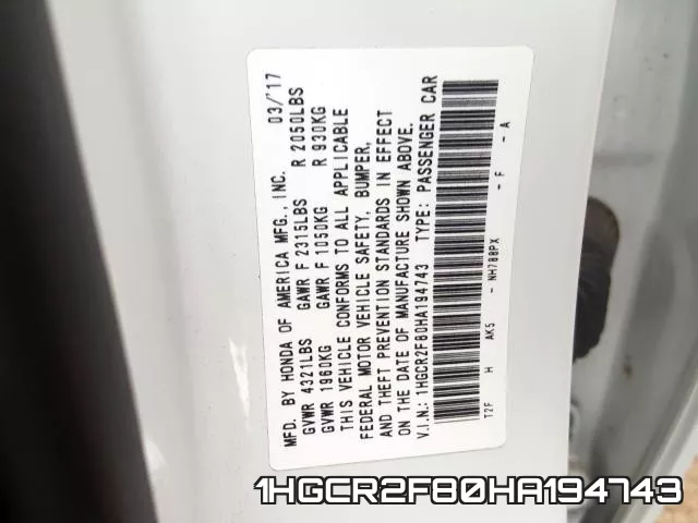 1HGCR2F80HA194743 фото 2