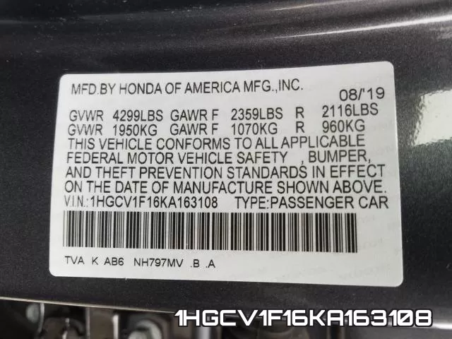 1HGCV1F16KA163108 фото 2