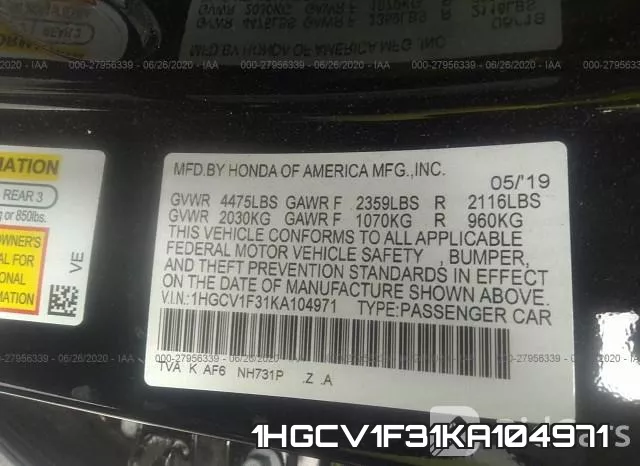 1HGCV1F31KA104971 фото 10