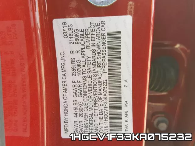 1HGCV1F33KA075232 фото 2