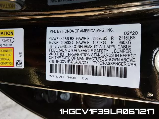 1HGCV1F39LA067217 фото 2