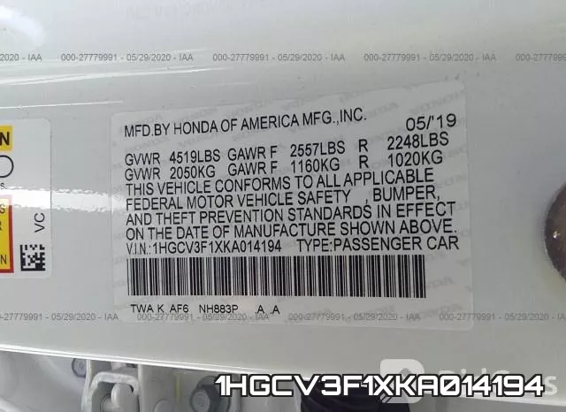 1HGCV3F1XKA014194 фото 10