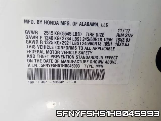 5FNYF5H51HB045993 фото 2