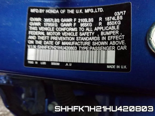 SHHFK7H21HU420803 фото 2