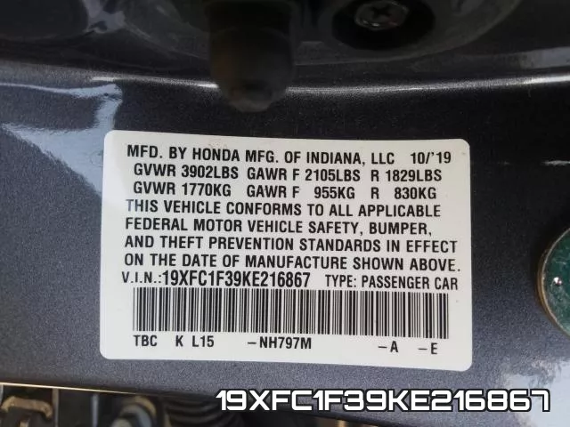 19XFC1F39KE216867 фото 2