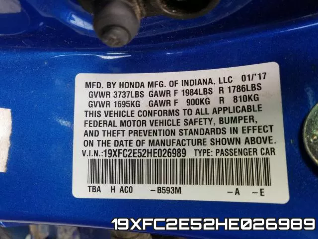 19XFC2E52HE026989 фото 2