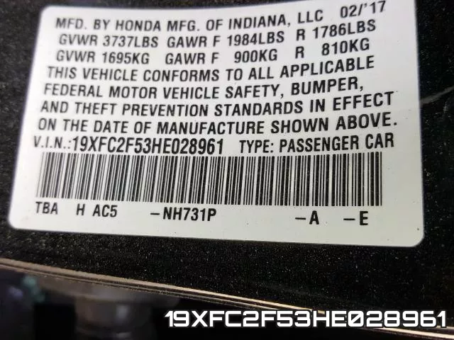 19XFC2F53HE028961 фото 2
