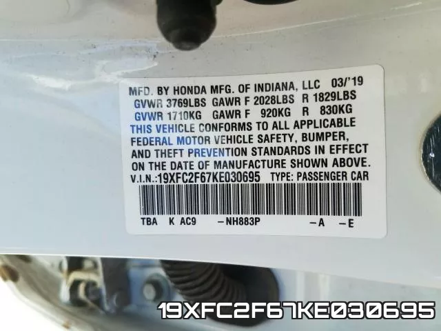 19XFC2F67KE030695 фото 2