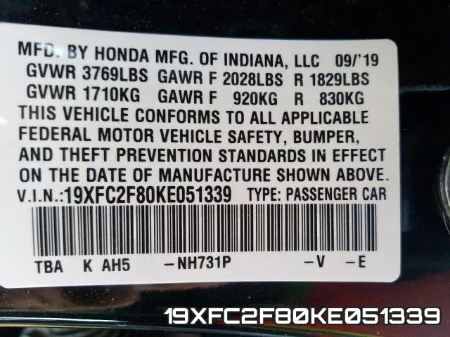 19XFC2F80KE051339 фото 2