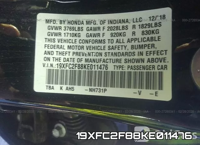19XFC2F88KE011476 фото 10