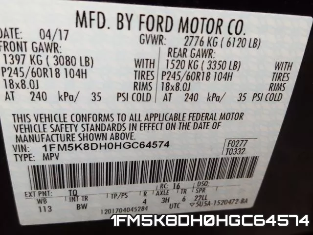 1FM5K8DH0HGC64574 фото 2