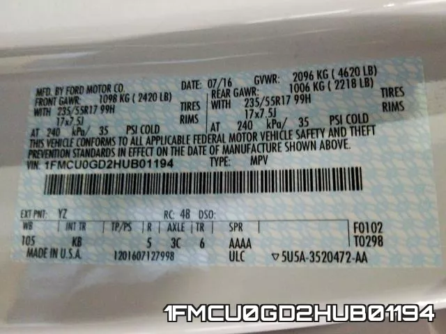 1FMCU0GD2HUB01194 фото 2