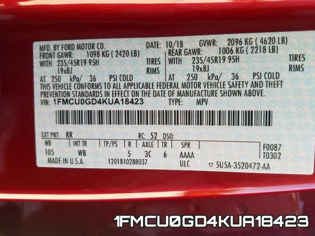 1FMCU0GD4KUA18423 фото 2