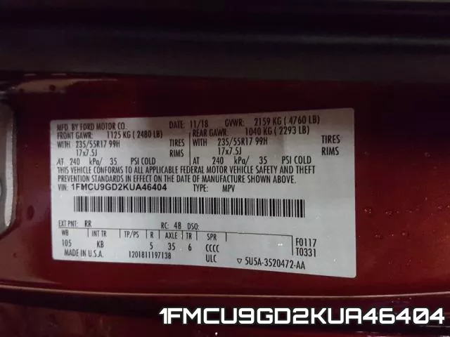 1FMCU9GD2KUA46404 фото 2