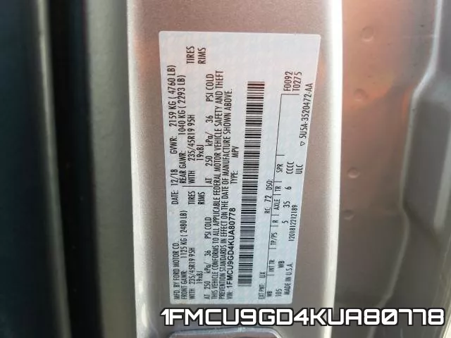 1FMCU9GD4KUA80778 фото 2
