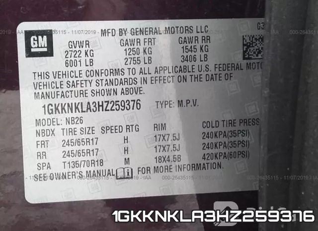 1GKKNKLA3HZ259376 фото 10