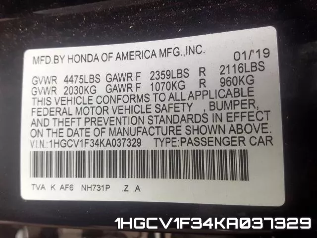 1HGCV1F34KA037329 фото 2