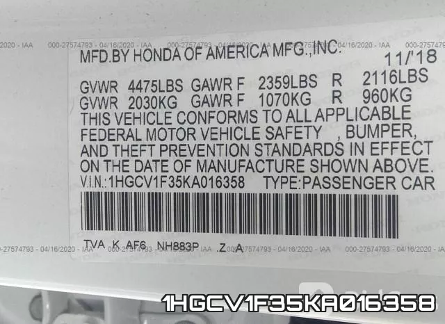1HGCV1F35KA016358 фото 10