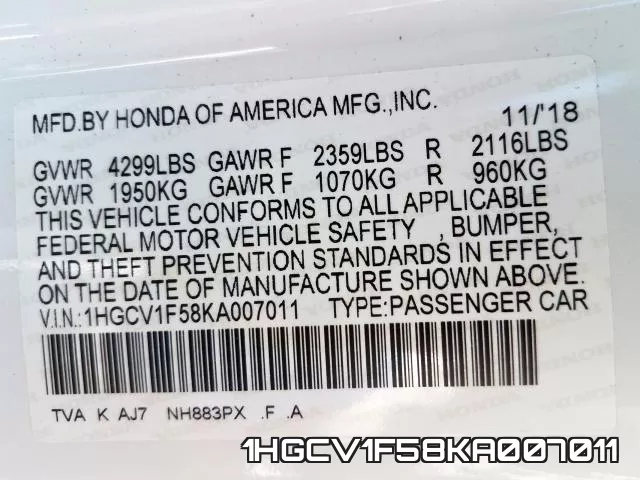 1HGCV1F58KA007011 фото 2