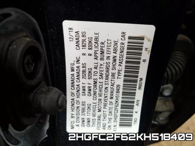 2HGFC2F62KH518409 фото 2