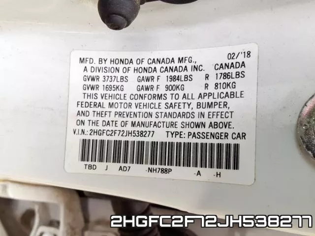 2HGFC2F72JH538277 фото 2