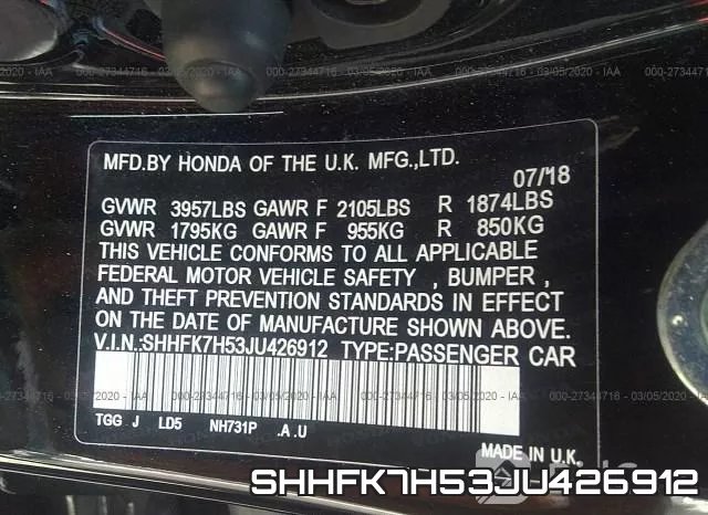 SHHFK7H53JU426912 фото 10