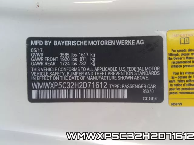 WMWXP5C32H2D71612 фото 2
