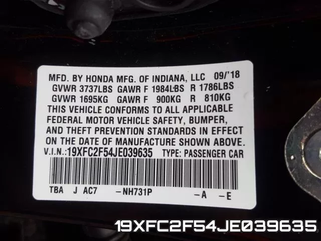 19XFC2F54JE039635 фото 2