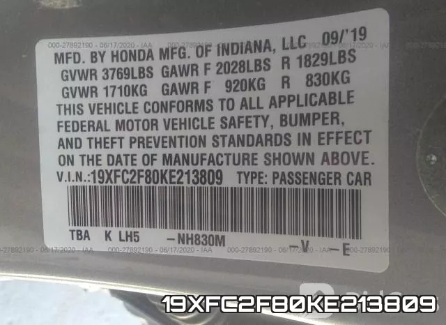 19XFC2F80KE213809 фото 10