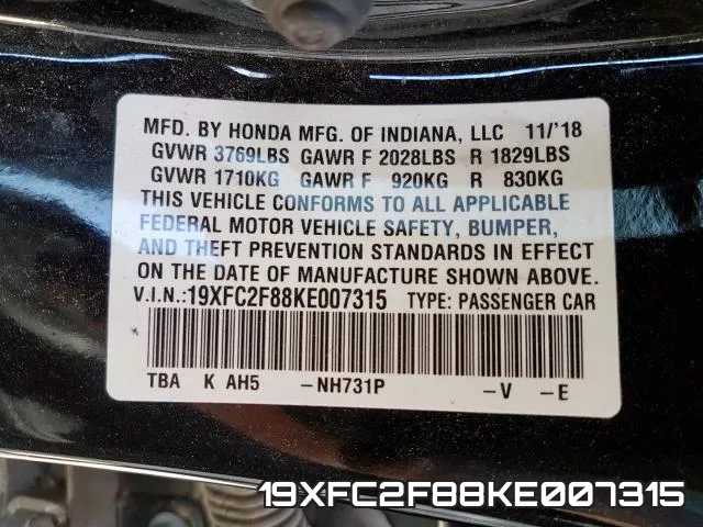 19XFC2F88KE007315 фото 2