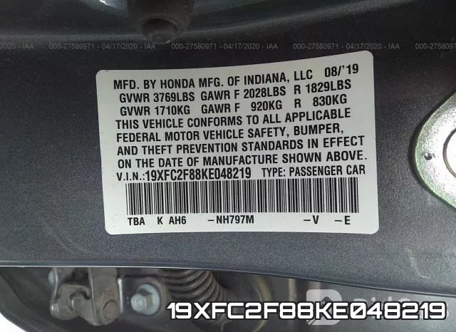 19XFC2F88KE048219 фото 10