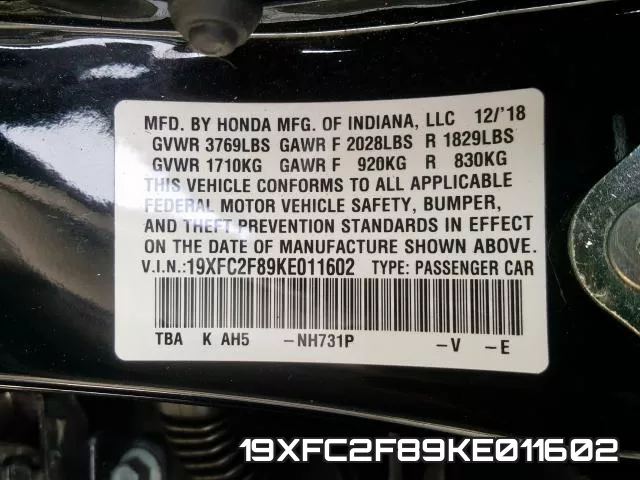 19XFC2F89KE011602 фото 2
